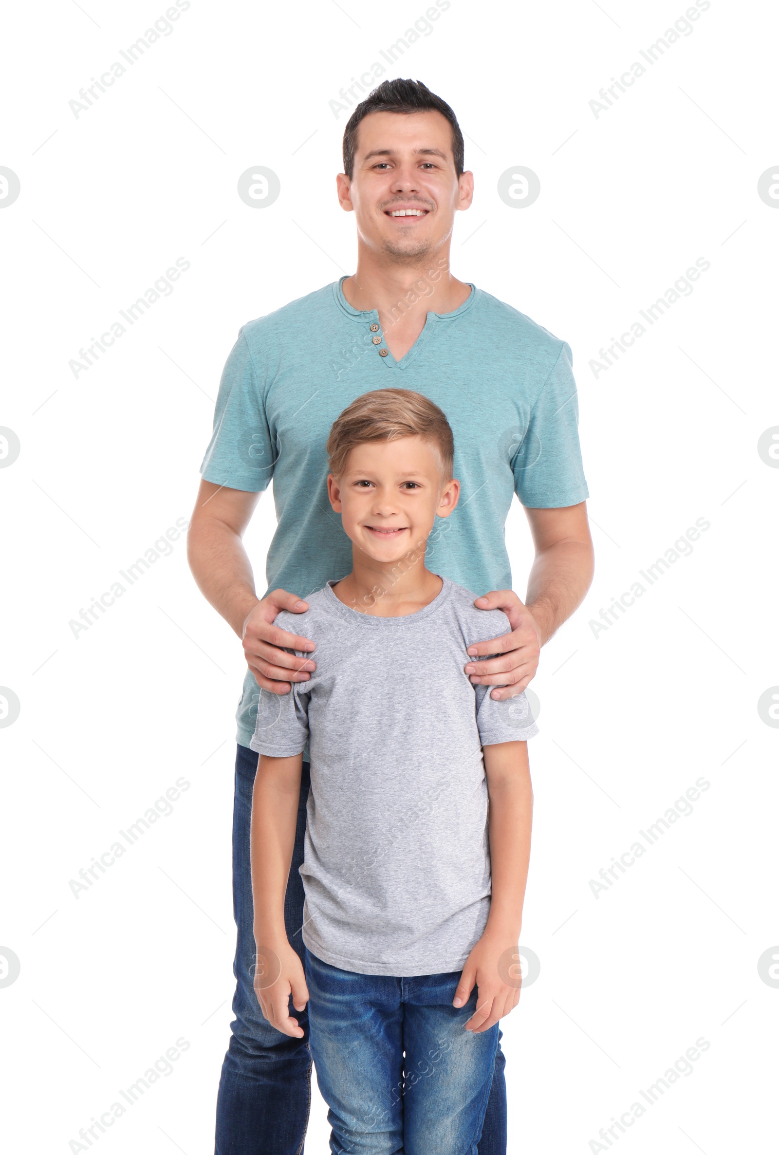 Photo of Father with child on white background. Happy family