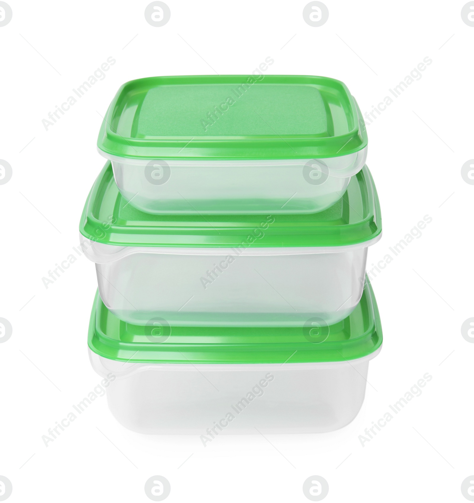 Photo of Empty plastic containers on white background. Food storage