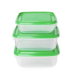 Photo of Empty plastic containers on white background. Food storage