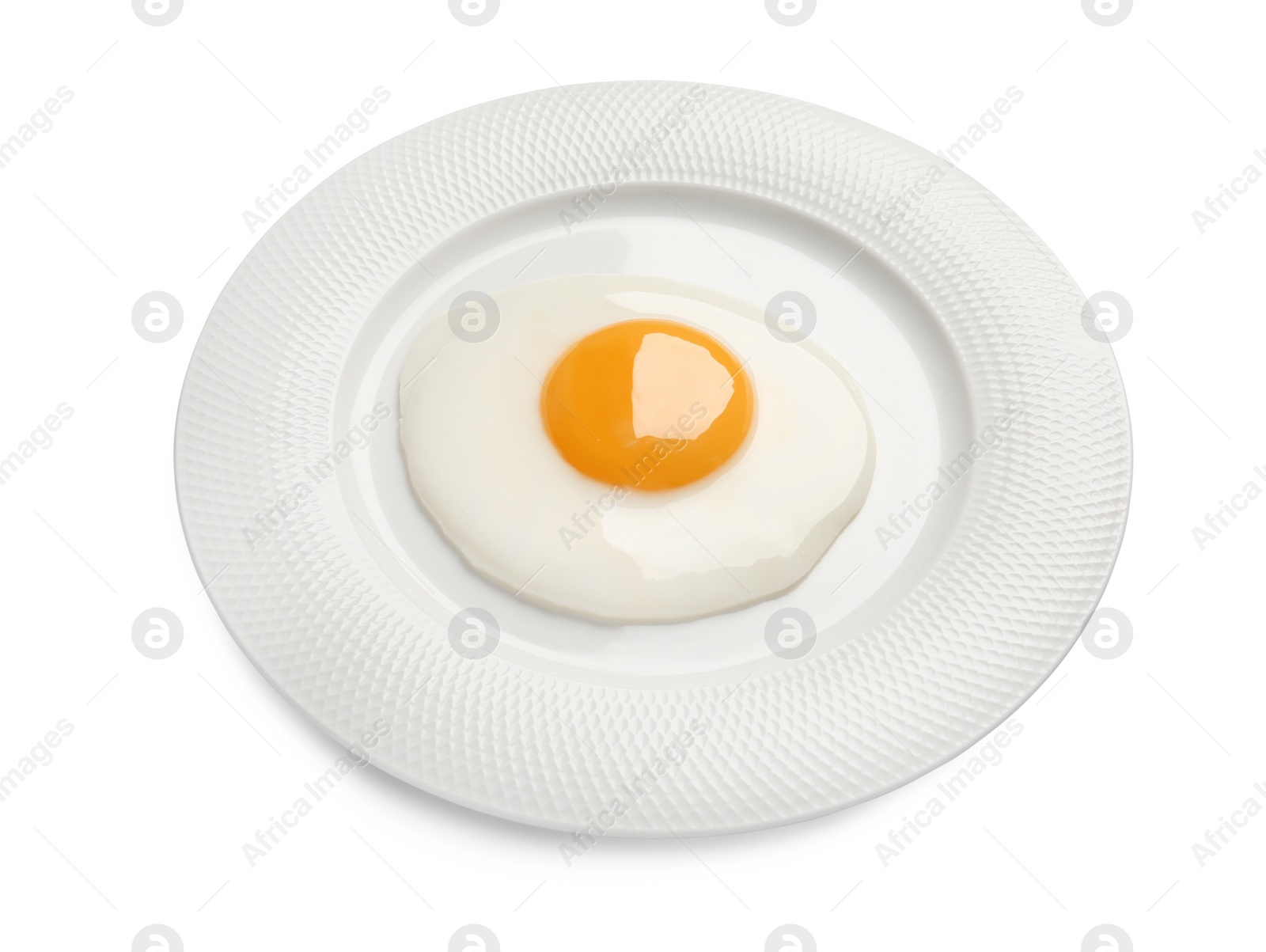 Photo of Plate with tasty fried egg isolated on white