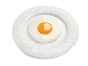 Photo of Plate with tasty fried egg isolated on white