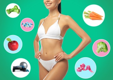 Image of Weight loss concept. Slim young woman in stylish swimsuit on green background