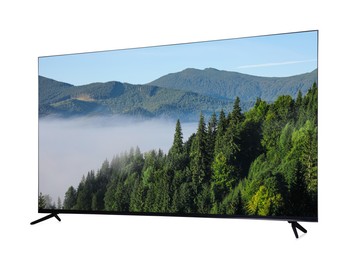 Modern wide screen TV monitor showing beautiful mountain landscape isolated on white