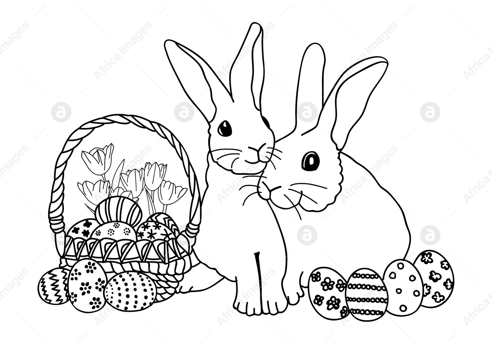 Illustration of Cute bunnies and Easter eggs on white background, illustration. Coloring page 