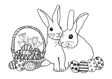 Illustration of Cute bunnies and Easter eggs on white background, illustration. Coloring page 