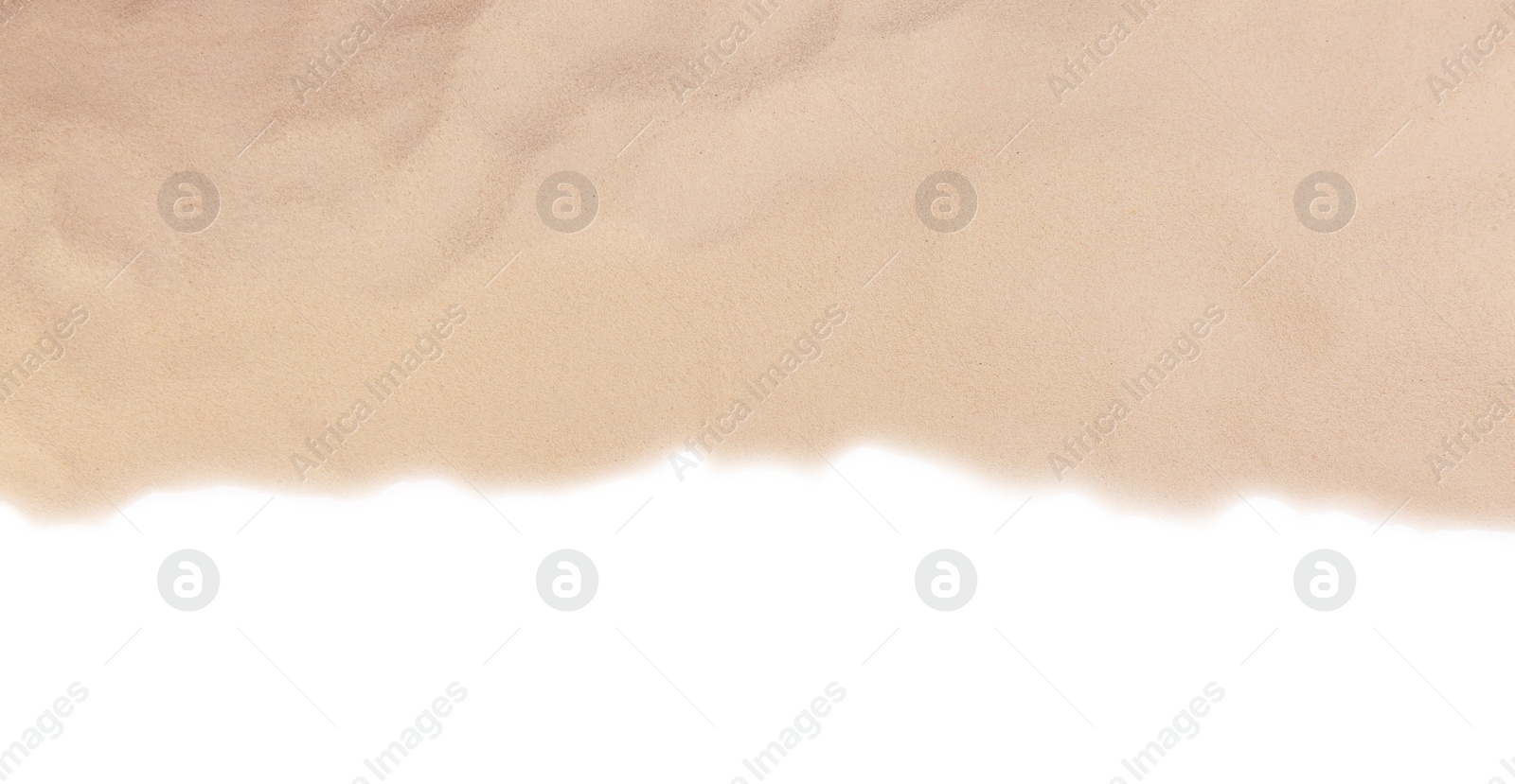 Photo of Dry beach sand on white background, top view