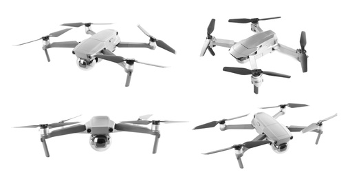 Image of Set of different drones on white background