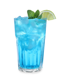 Fresh alcoholic Blue Lagoon cocktail isolated on white