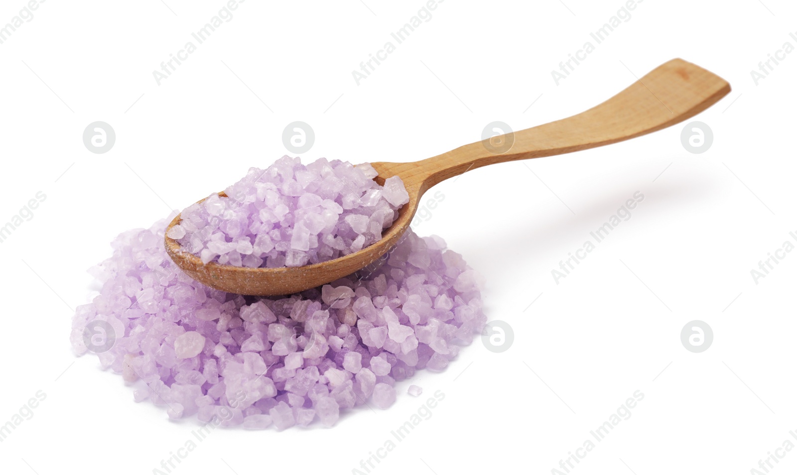 Photo of Violet sea salt and spoon isolated on white