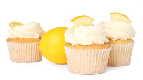 Photo of Delicious cupcakes with cream and lemon isolated on white