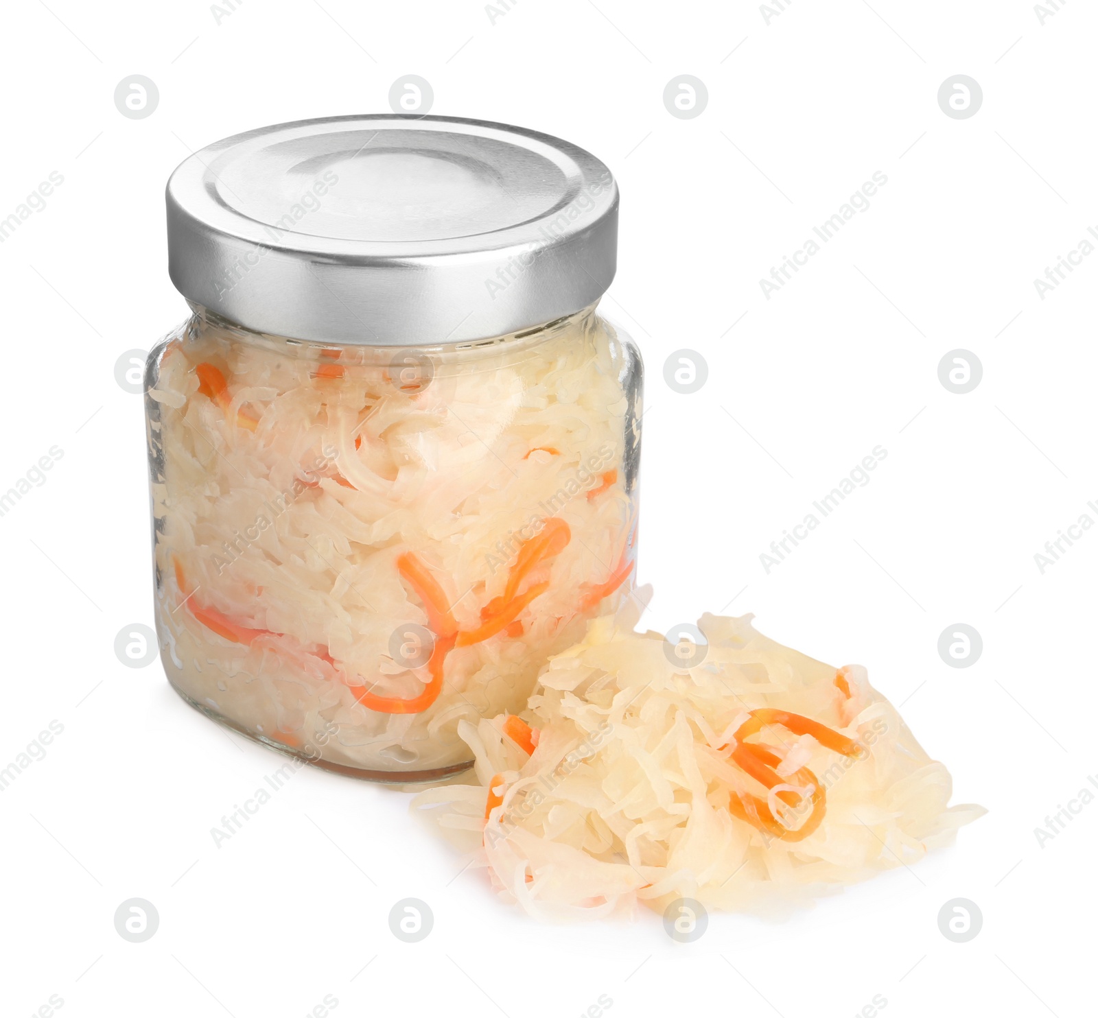 Photo of Glass jar of tasty fermented cabbage with carrot on white background