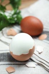 Photo of Boiled eggs and pieces of shell on kitchen towel, closeup