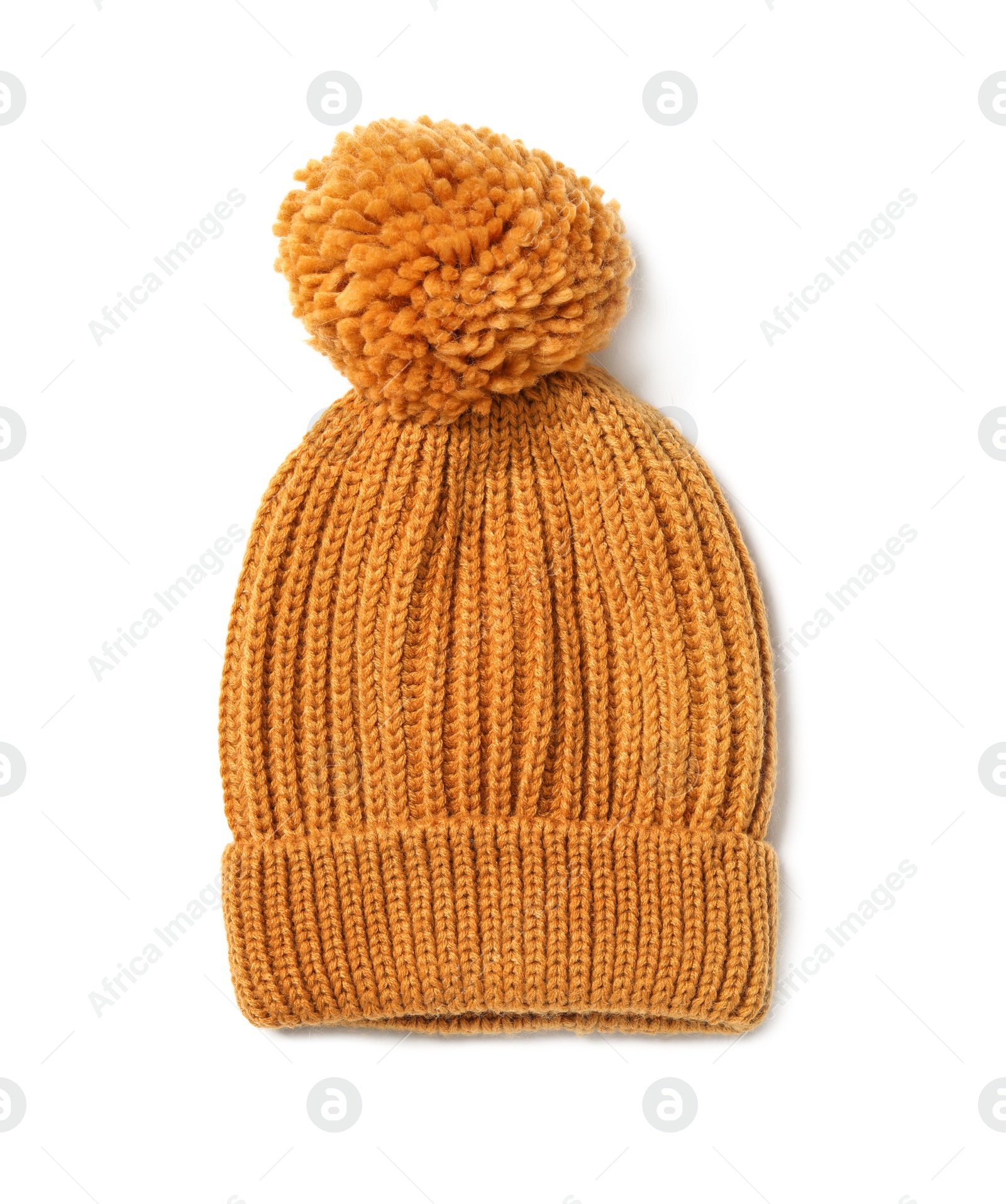 Photo of Orange knitted women's hat isolated on white, top view