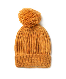 Orange knitted women's hat isolated on white, top view