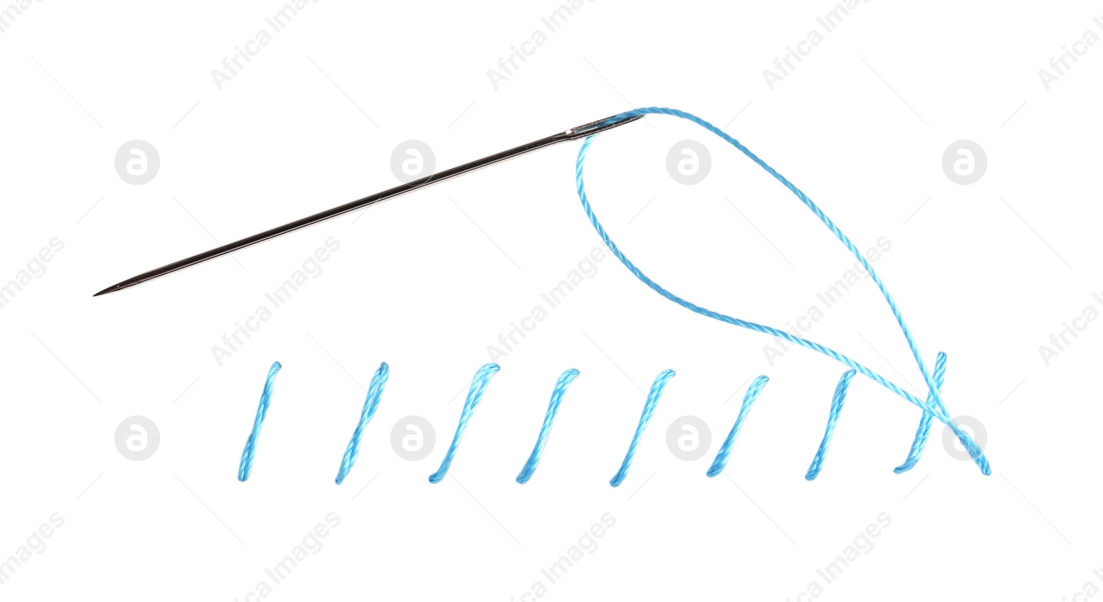 Photo of Sewing needle with thread and stitches isolated on white