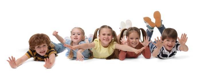 Photo of Group of children posing on white background