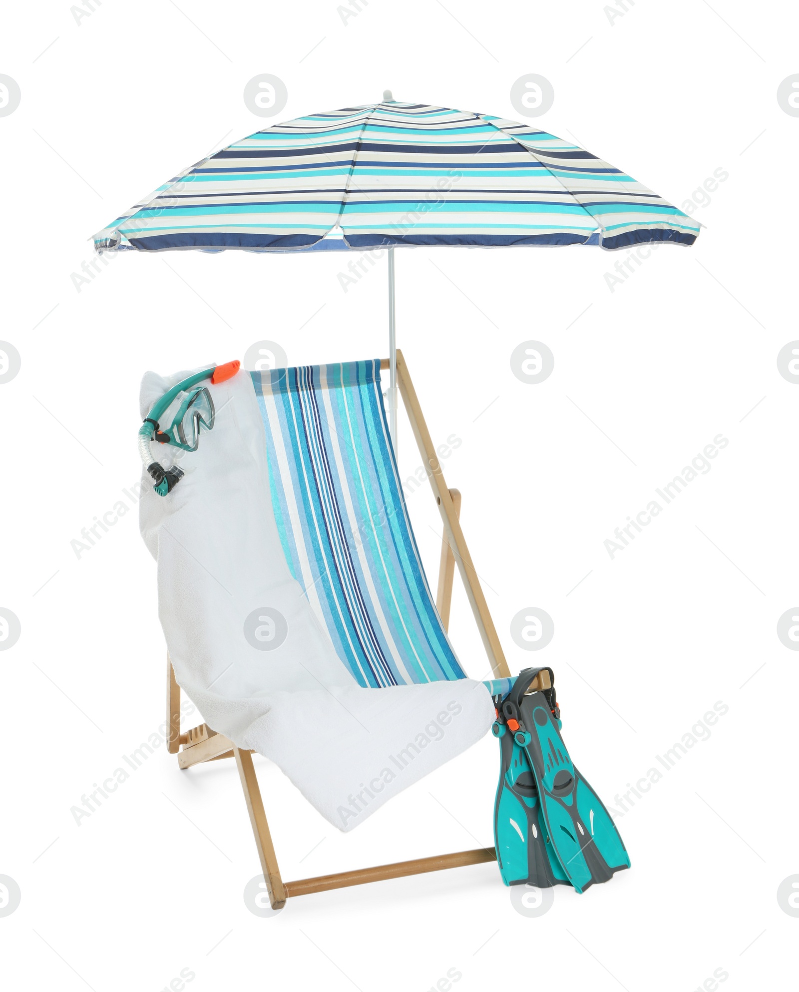 Photo of Open blue striped beach umbrella, deck chair, towel and diving equipment on white background