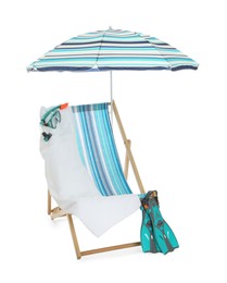 Open blue striped beach umbrella, deck chair, towel and diving equipment on white background