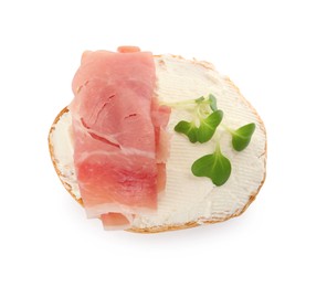 Delicious sandwich with cream cheese, jamon and microgreen isolated on white, top view