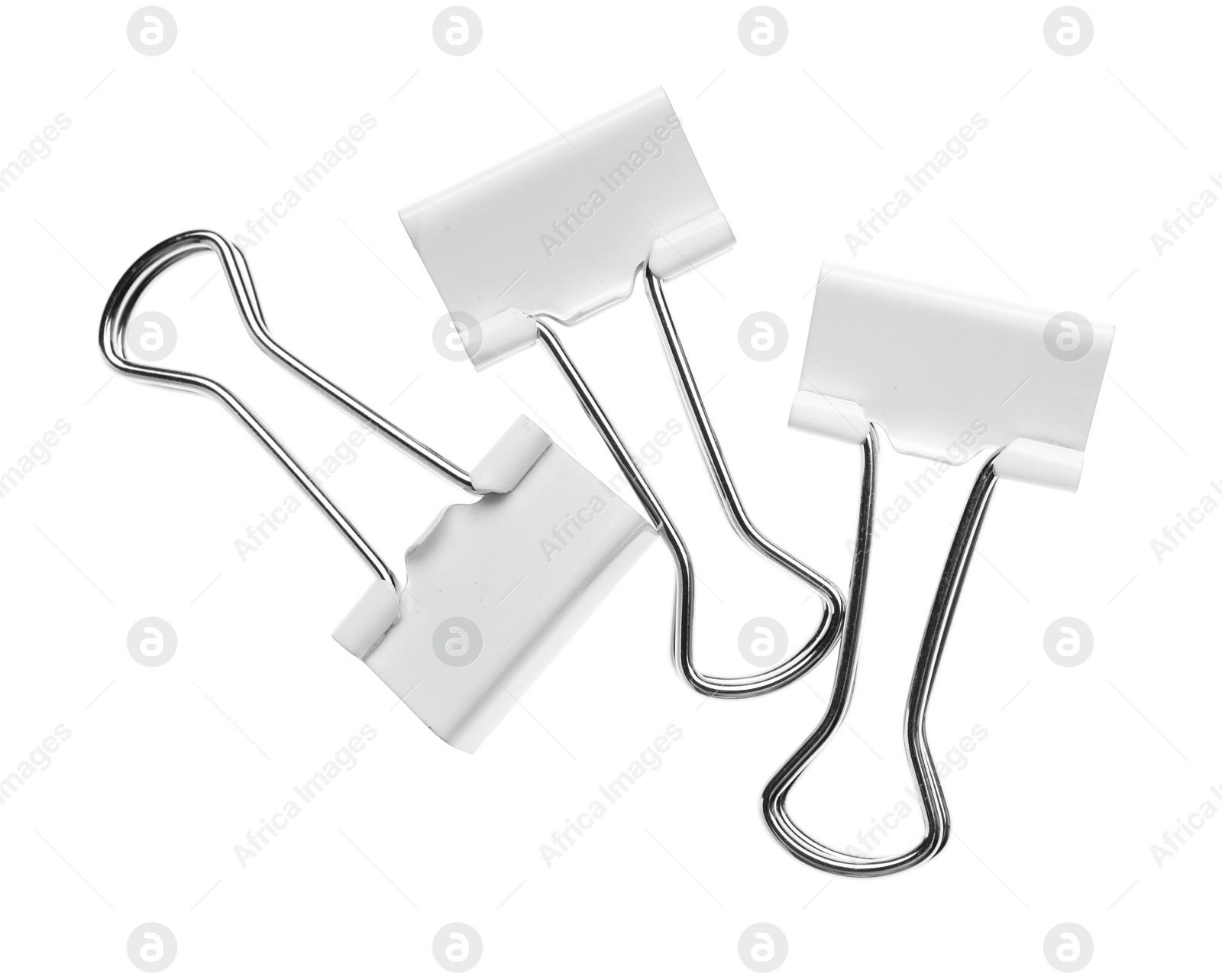 Photo of Colorful paper clips isolated on white, top view. School stationery