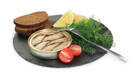 Canned sprats, dill, bread, lemon and tomato isolated on white