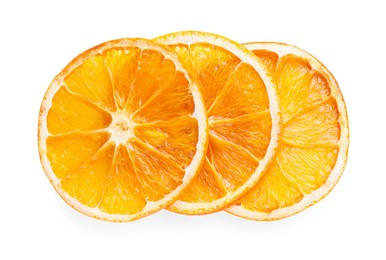 Photo of Delicious dry orange slices on white background, top view