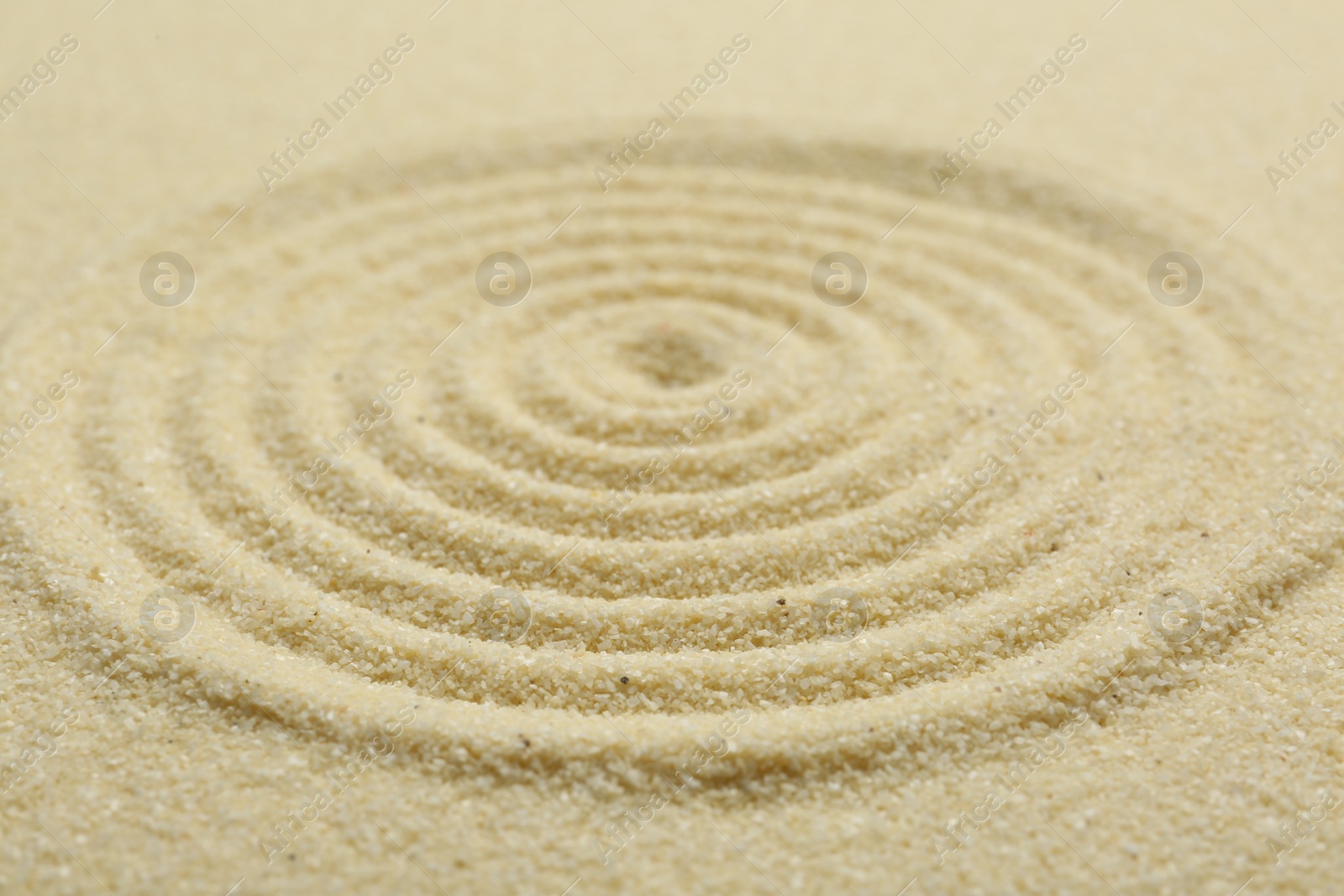 Photo of Zen rock garden. Circle pattern on beige sand, closeup