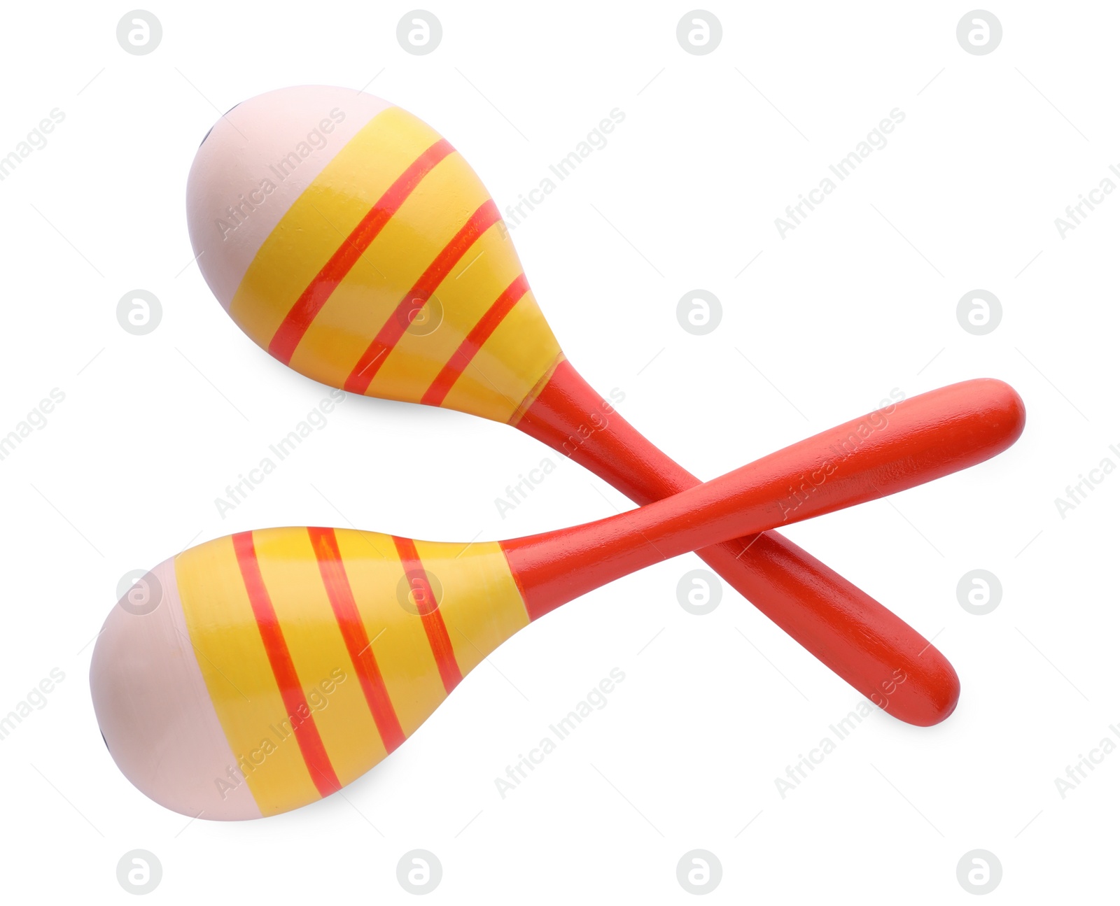 Photo of Colorful maracas on white background, top view. Musical instrument