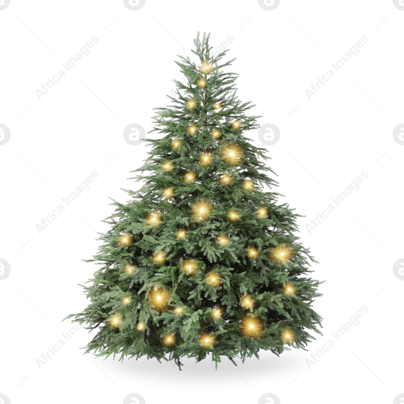 Image of Christmas tree decorated and festive lights isolated on white