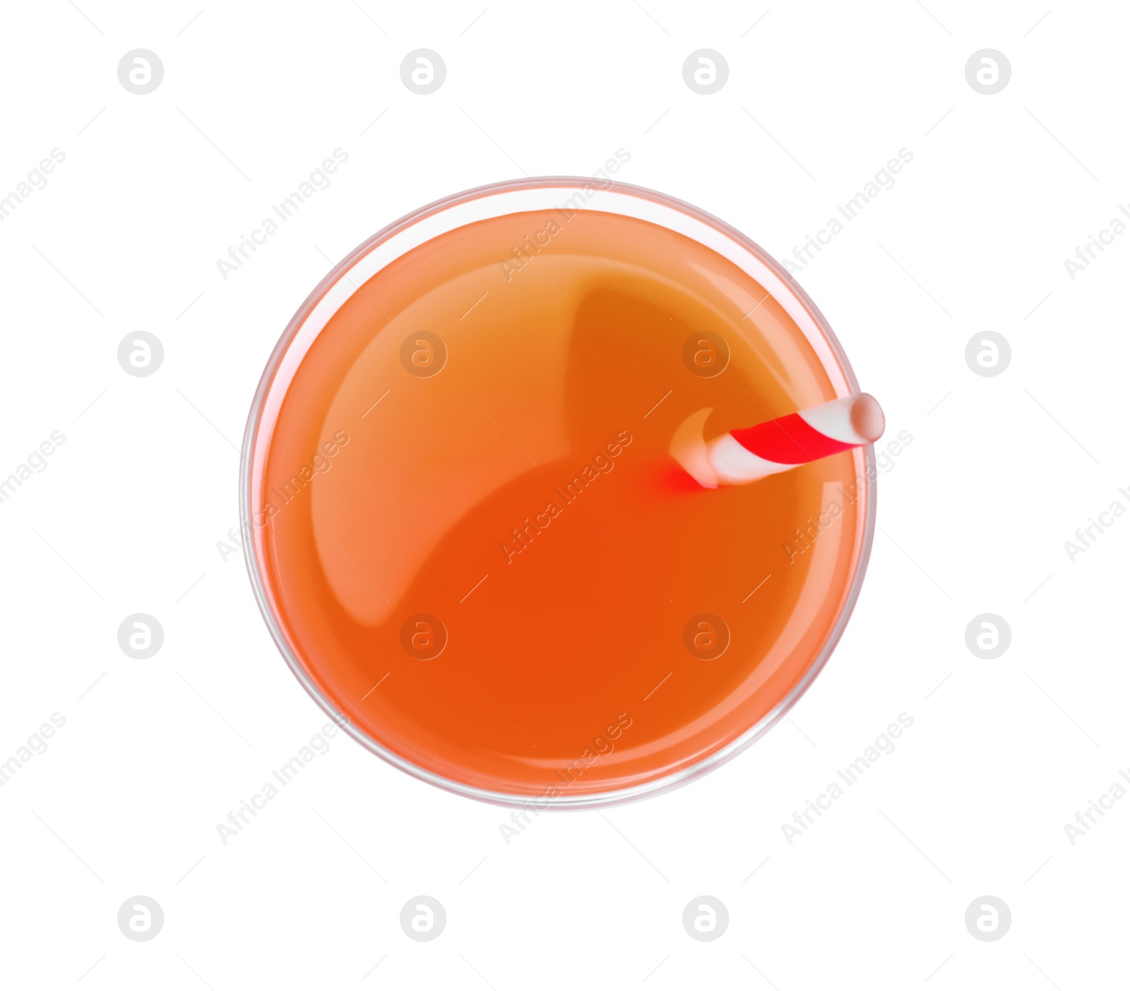 Photo of Tasty freshly made grapefruit juice on white background, top view