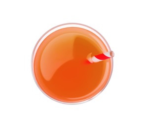 Photo of Tasty freshly made grapefruit juice on white background, top view