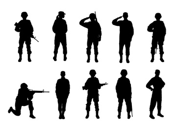 Image of Collage with silhouettes of soldiers on white background. Military service