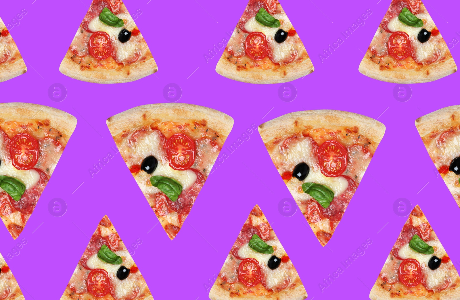 Image of Pizza slices on violet background. Pattern design