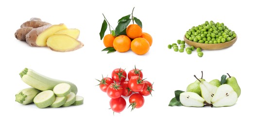 Foods for healthy digestion, collage. Ginger, tangerines, green peas, tomatoes, zucchinis and pears on white background