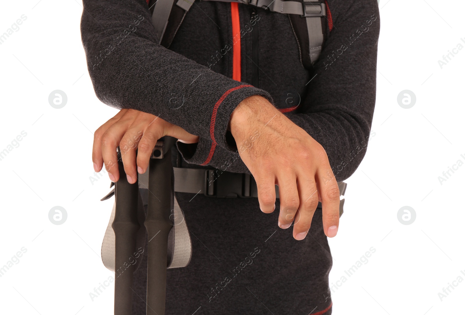 Photo of Man with trekking poles on white background, closeup