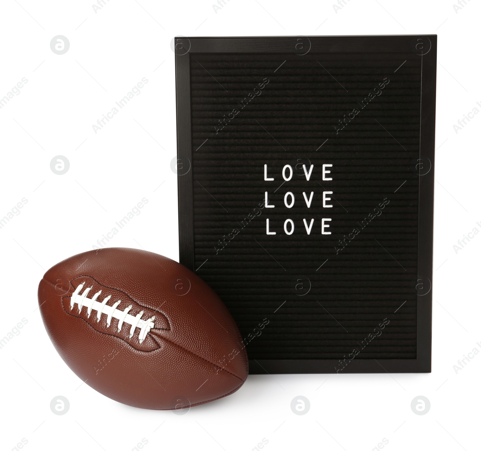 Photo of American football ball and letter board with words Love on white background
