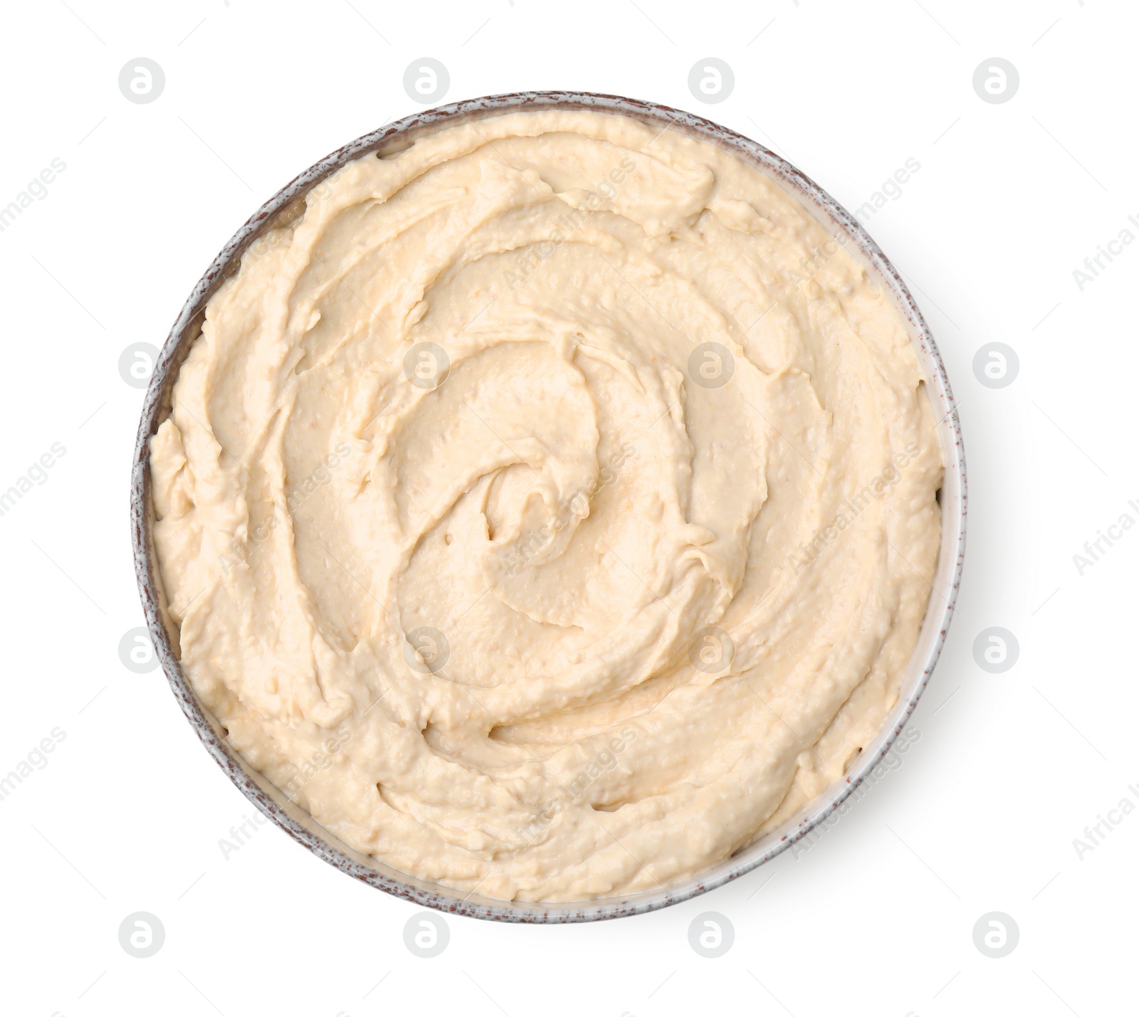 Photo of Bowl of delicious hummus isolated on white, top view