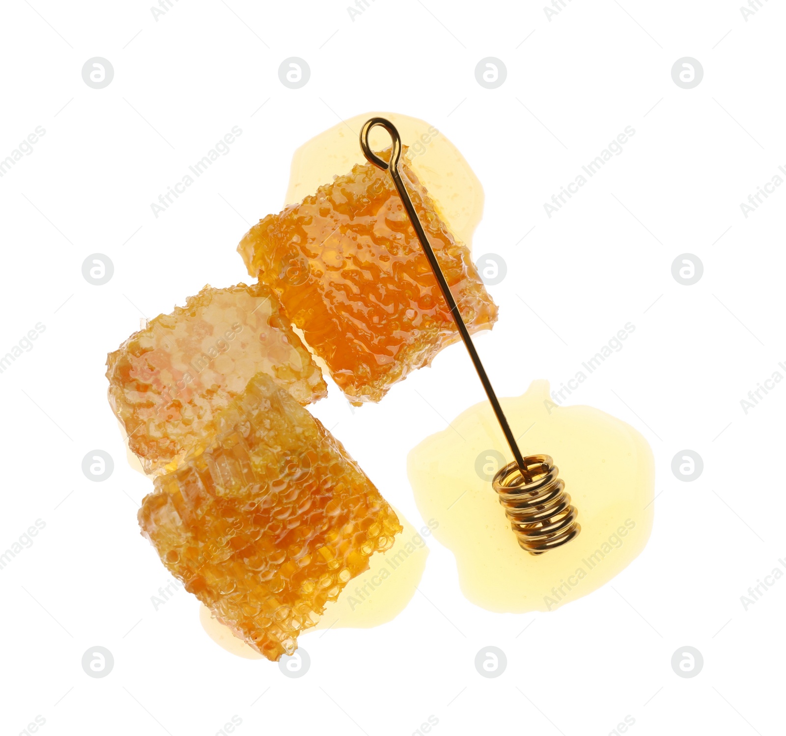 Photo of Fresh honeycombs and dipper on white background, top view