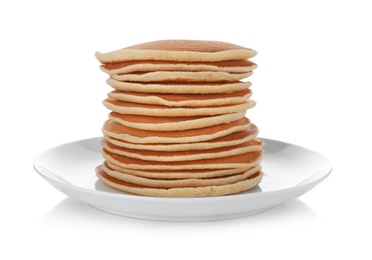 Plate with stack of tasty pancakes on white background