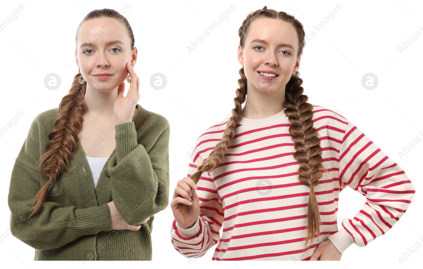 Image of Portrait of twin sisters on white background