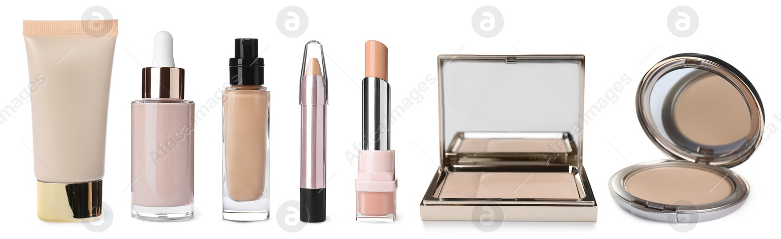 Image of Set with different decorative cosmetic products on white background. Banner design