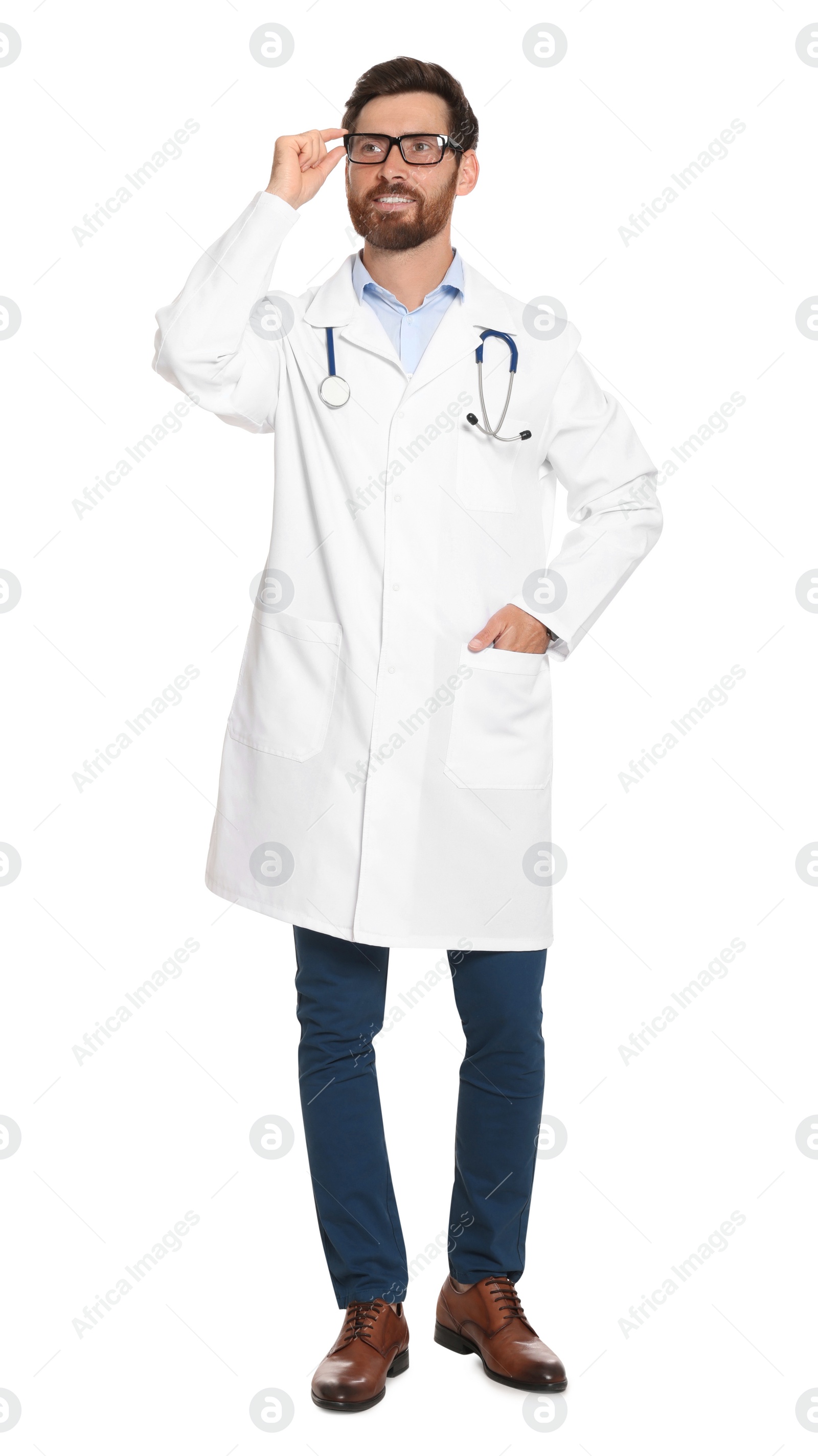 Photo of Full length portrait of doctor with stethoscope on white background