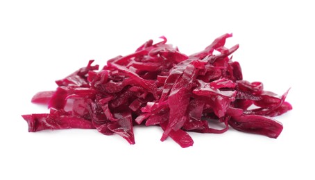 Photo of Pile of tasty red cabbage sauerkraut isolated on white