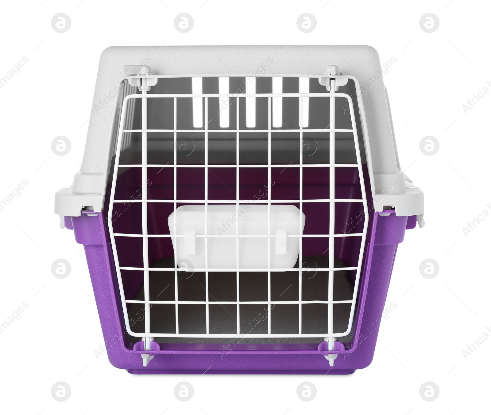 Photo of Violet pet carrier with bowl isolated on white