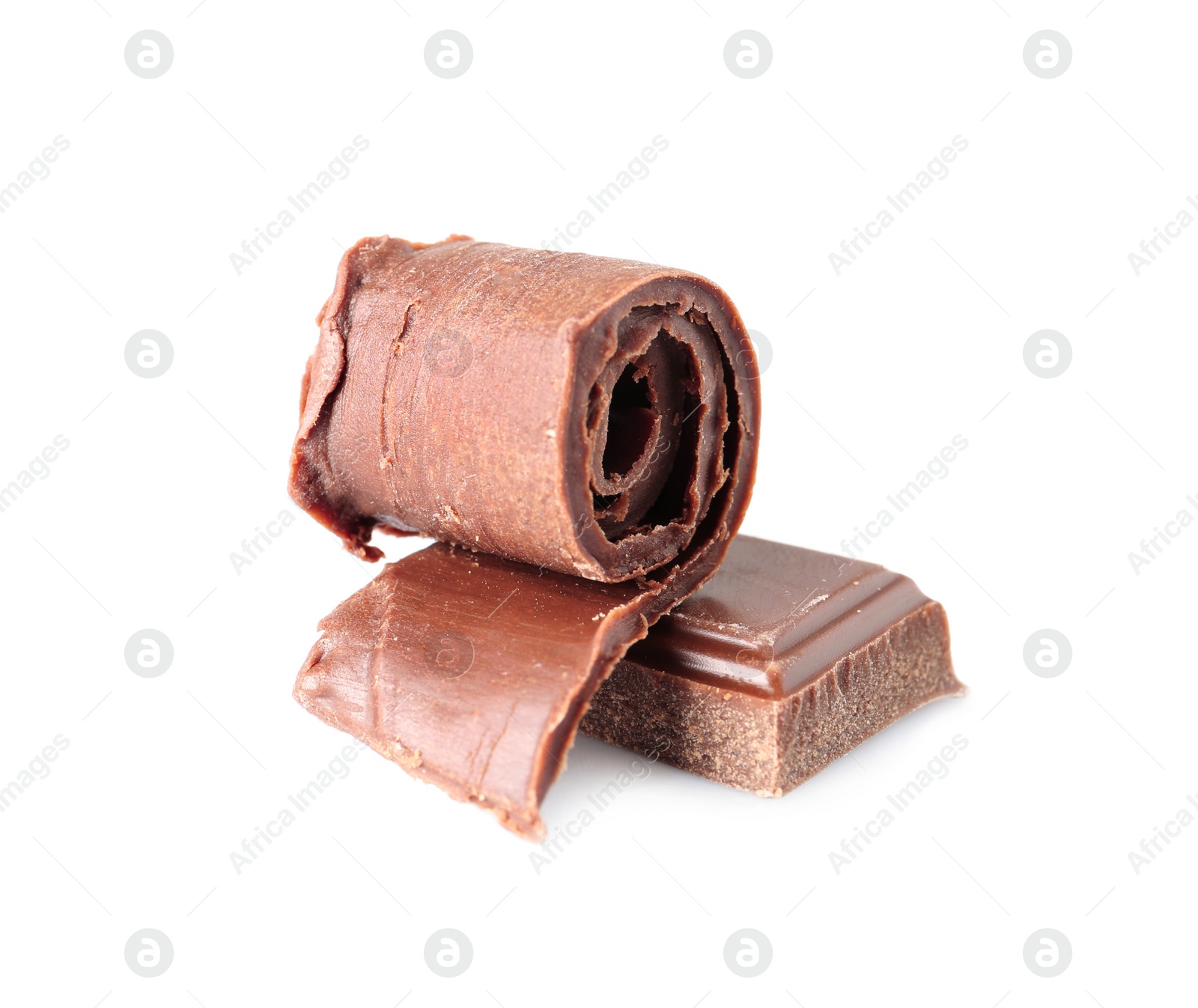 Photo of Chocolate curl and piece isolated on white