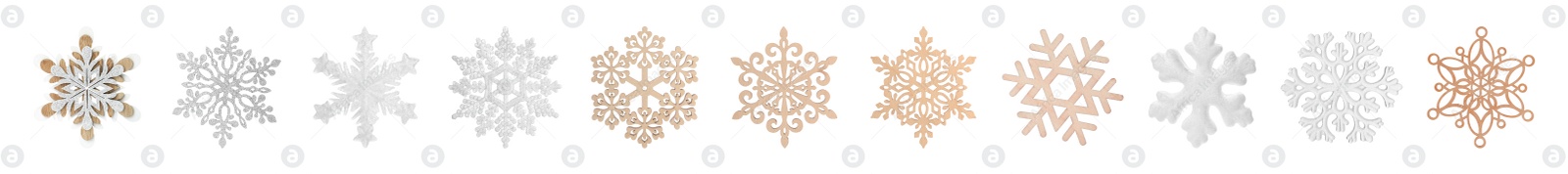 Image of Set of beautiful decorative snowflakes on white background. Banner design