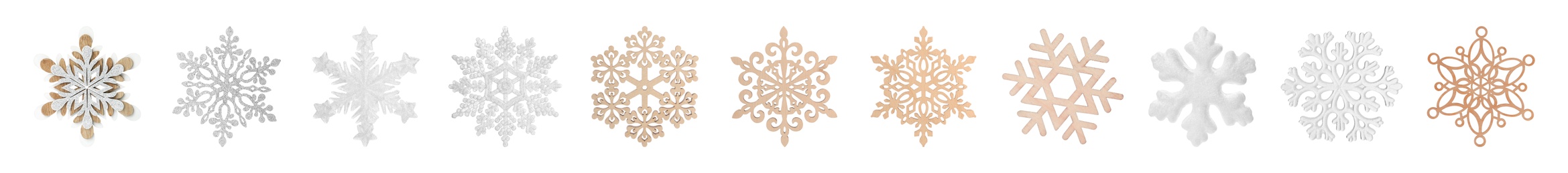 Image of Set of beautiful decorative snowflakes on white background. Banner design