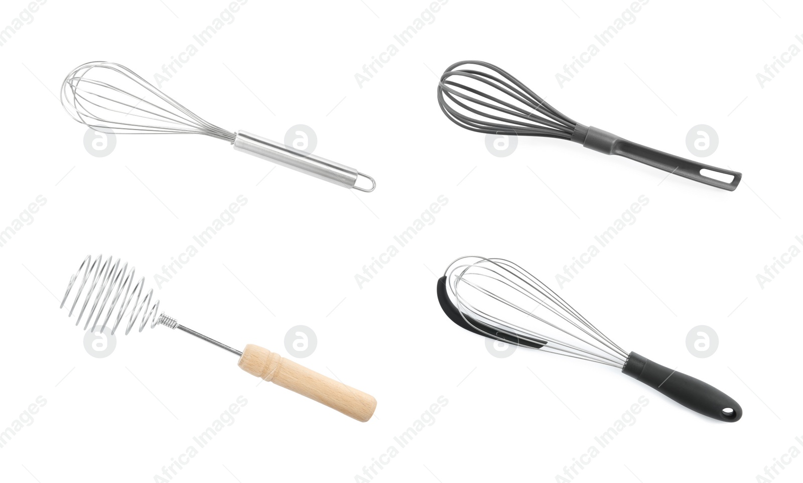 Image of Different whisks isolated on white, collection. Kitchen tool