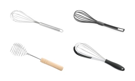 Image of Different whisks isolated on white, collection. Kitchen tool