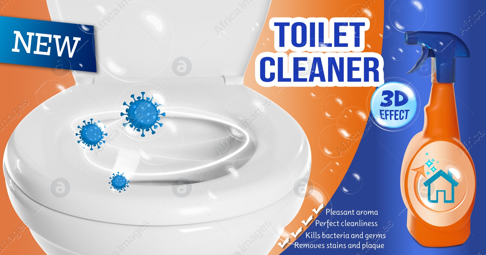 Image of Toilet cleaner and shiny unstained bowl, ad design  